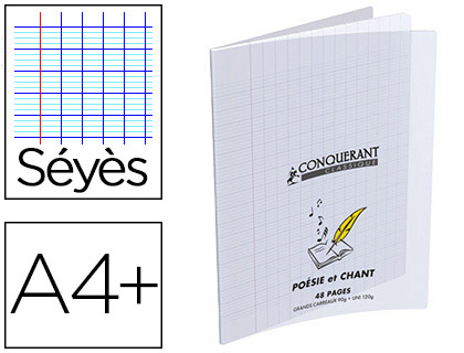 CAHIER POÉSIE PIQUÉ CONQUÉRANT CLASSIQUE COUVERTURE TRANSPARENTE POLYPROPYLÈNE A4+ 24X32CM 48 PAGES 90G SÉYÈS INCOLORE
