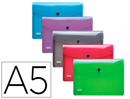 CHEMISE POCHETTE ELBA HAWAÏ POLYPROPYLÈNE TRANSLUCIDE A5 FERMETURE BOUTON PRESSION COLORIS ASSORTIS LOT 5 UNITÉS