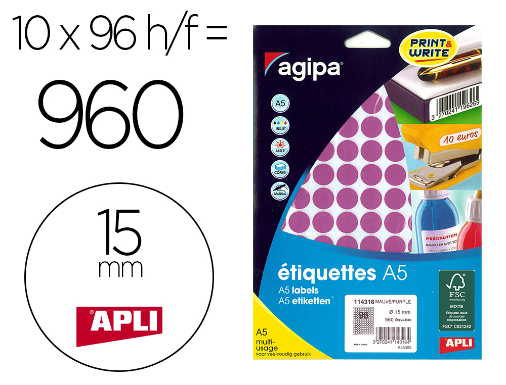 ETIQUETTE APLI AGIPA COULEUR MULTI-USAGE A5 DIAM.15 MM COINS ARRONDIS ETIQ/POCH 960 ETIQ/F 96 COLORIS MAUVE