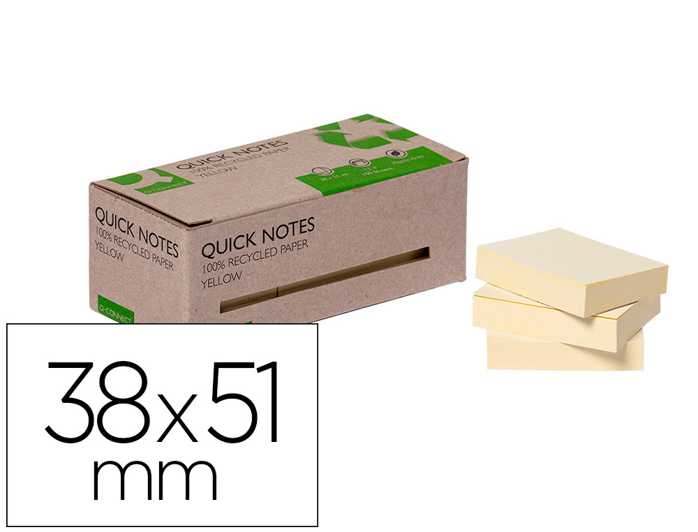 BLOC NOTES Q-CONNECT QUICK NOTES 38X51MM 100F ADHESIVES REPOSITIONABLES COLORIS JAUNE PACK 12 UNITES