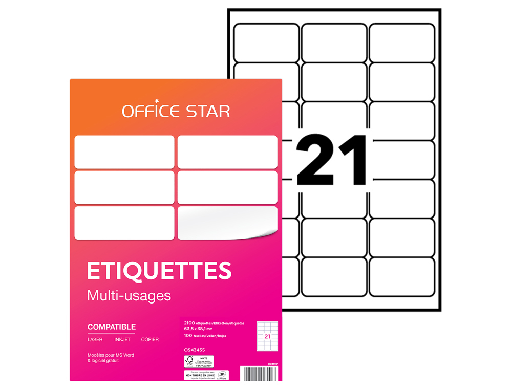 ETIQUETTE OFFICE STAR IMPRESSION LASER JET ENCRE ET COPIEUR 63,5X38,1MM COLORIS   BLANC POCHETTE 2100 UNITES